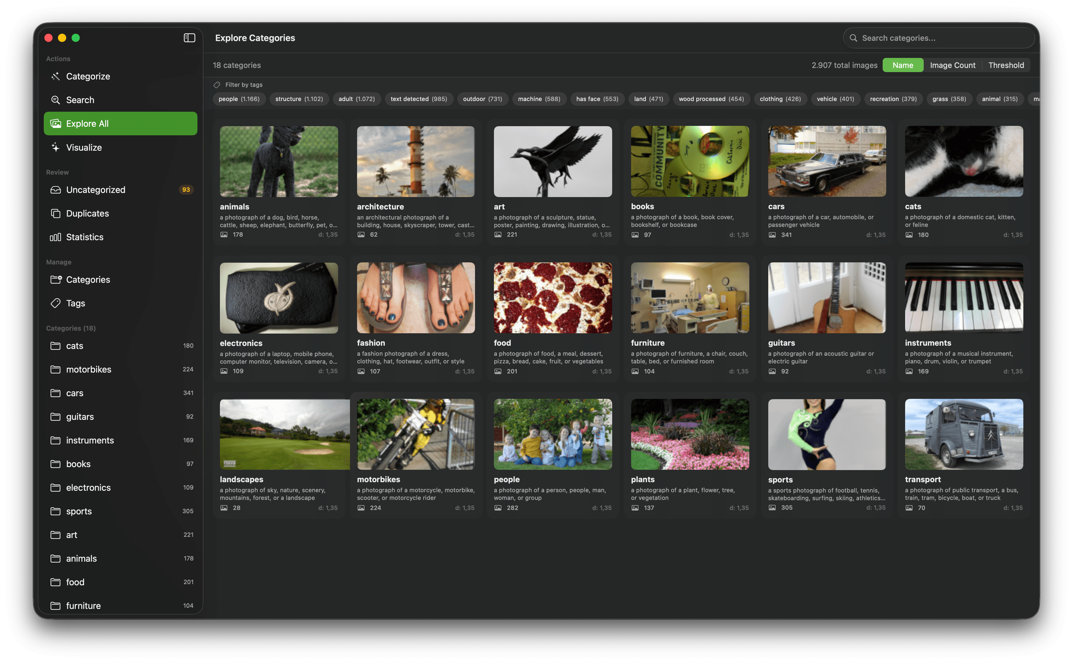 ImageSieve desktop app showing a grid of 18 image categories with representative thumbnails and image counts.