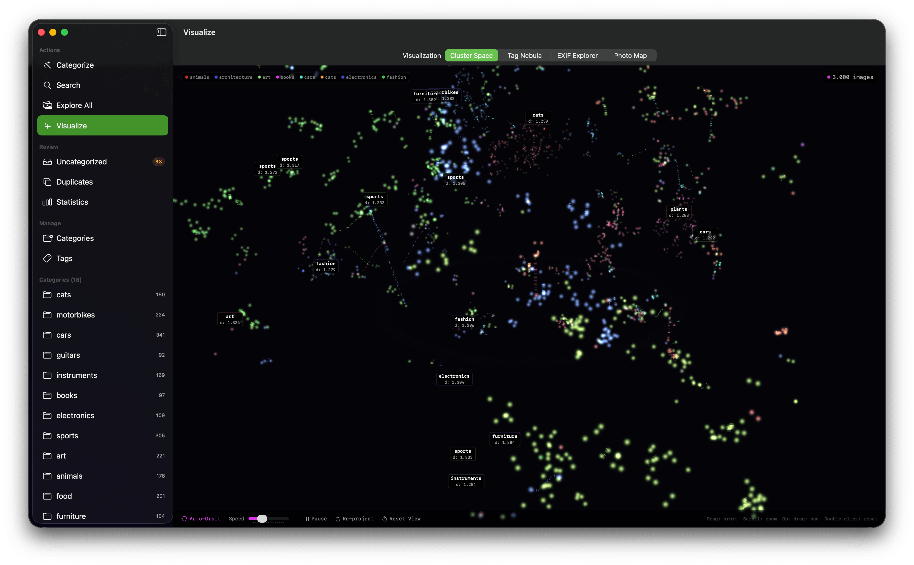 ImageSieve Cluster Space visualization showing colored groups of images labeled by categories such as sports, cats, cars, and plants.