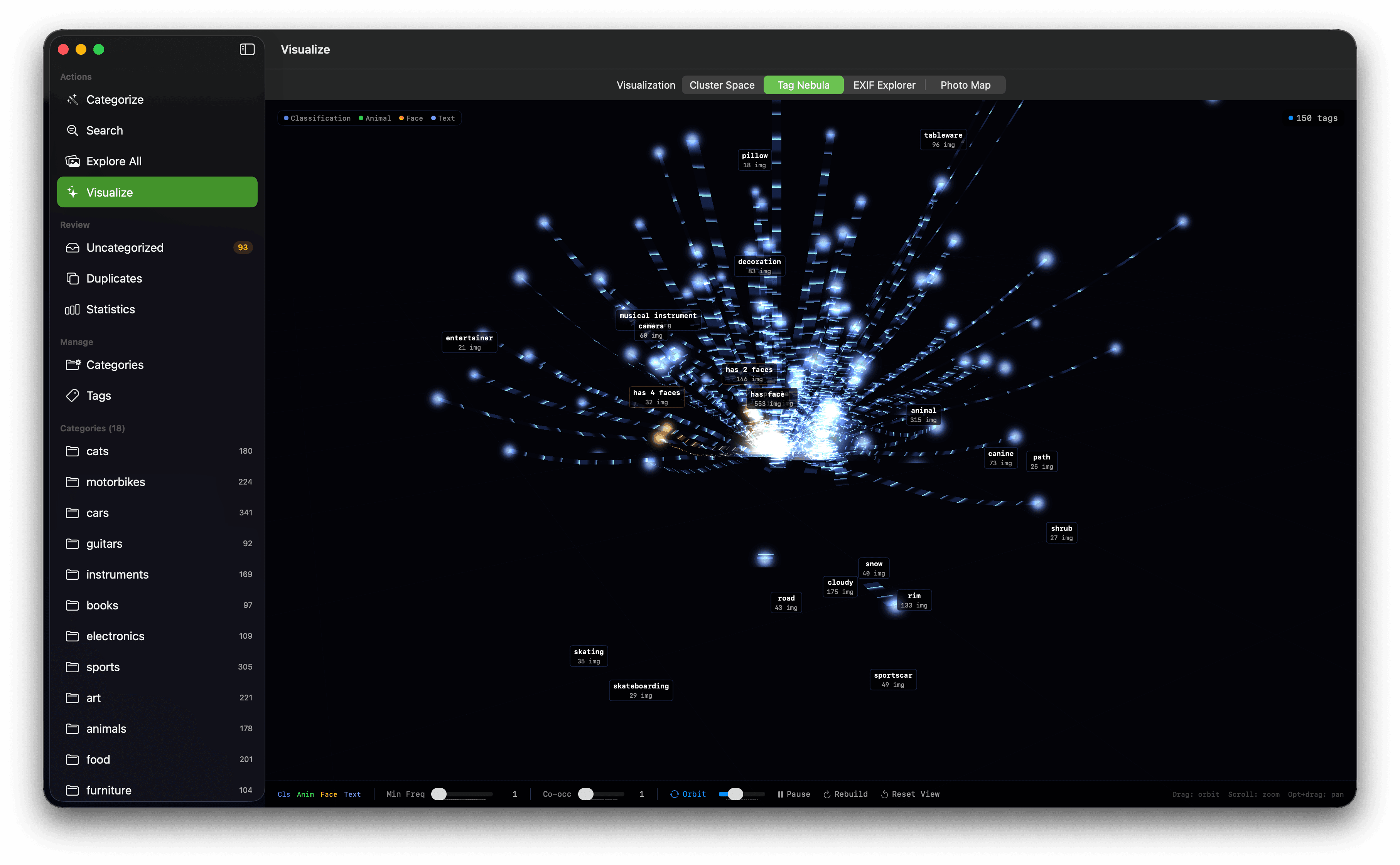 ImageSieve Tag Nebula visualization showing connected image trails and labels for tags including animal, camera, road, and sports car.