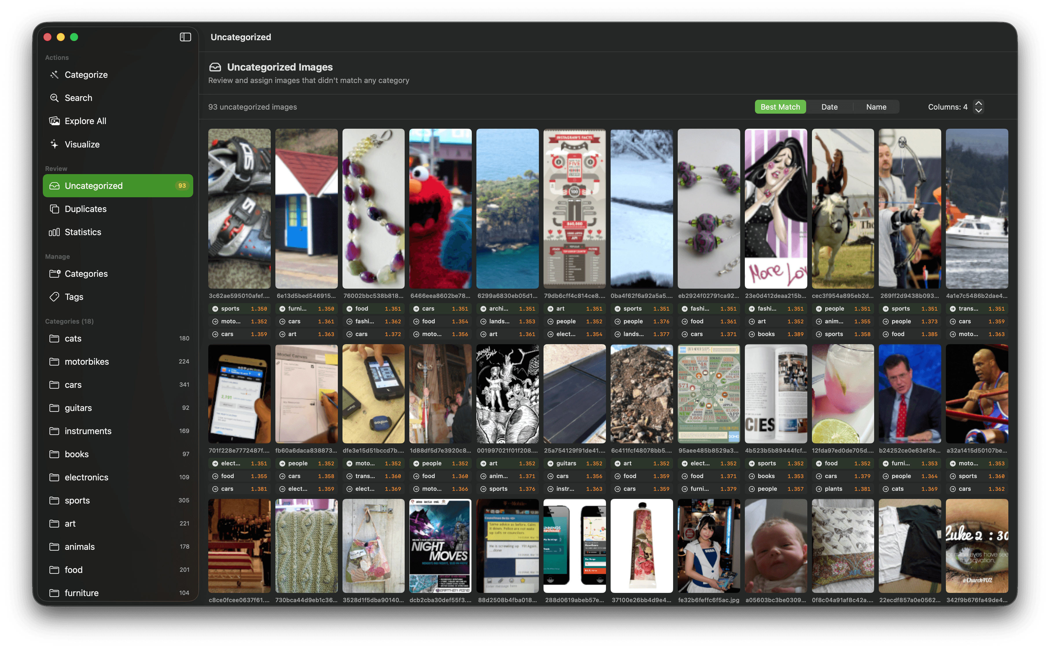ImageSieve Uncategorized view showing a thumbnail grid of unmatched photos with suggested categories and confidence distances.