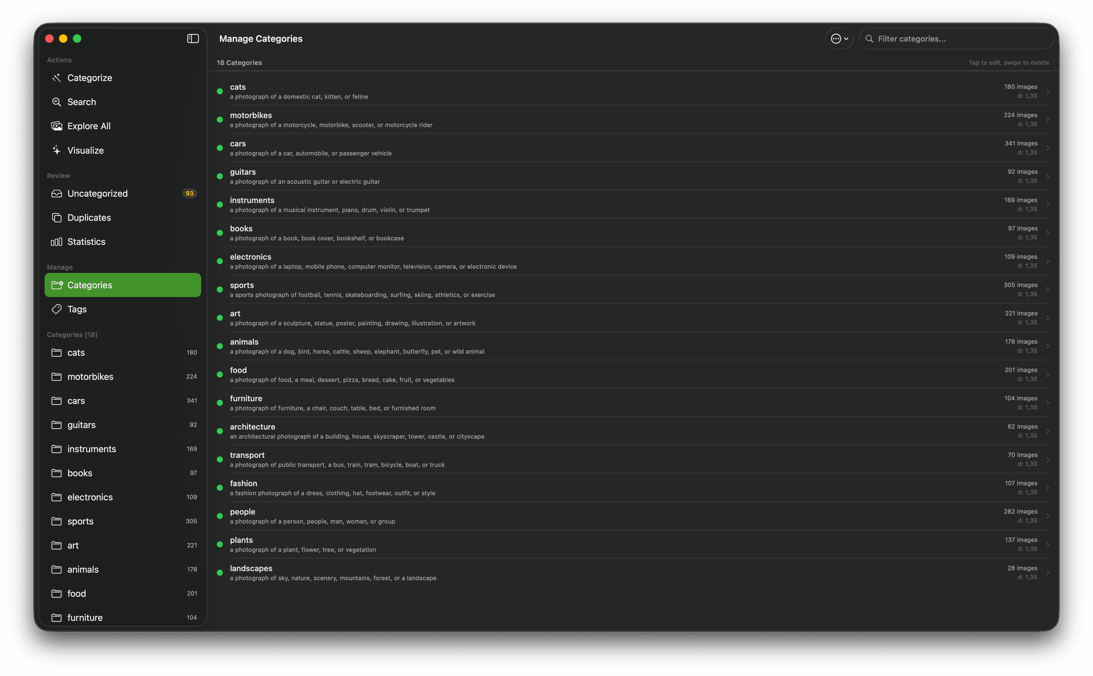 ImageSieve Manage Categories screen listing category names, descriptions, image counts, and thresholds.
