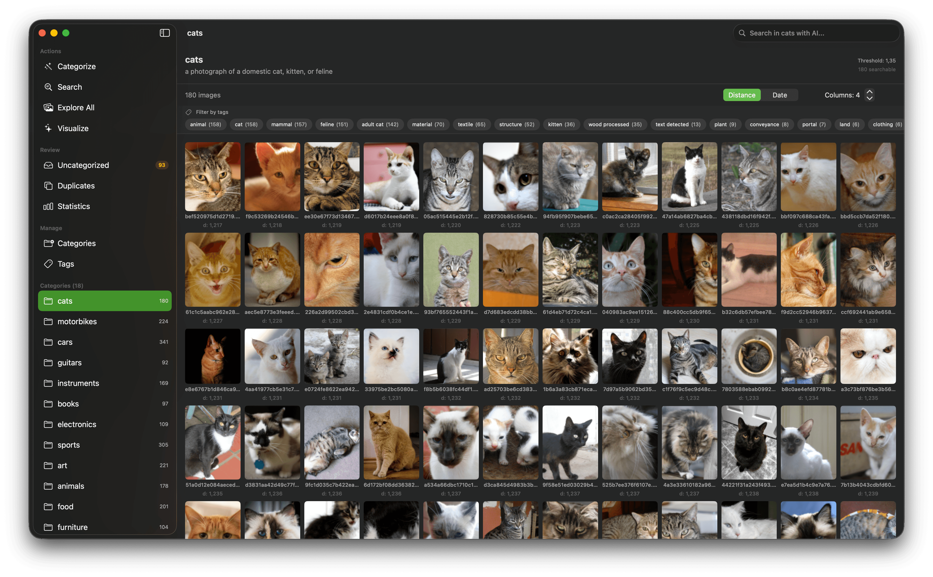 ImageSieve cats category showing a dense photo grid, searchable tag filters, image distances, and sorting controls.