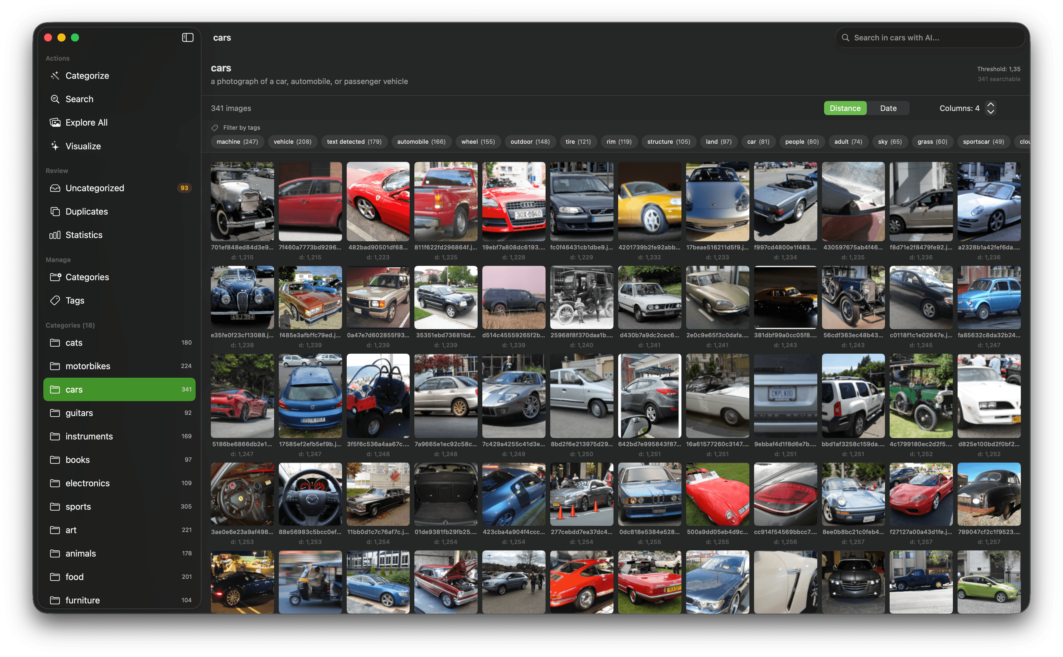 ImageSieve cars category showing rows of vehicle thumbnails with tag filters and similarity distance values.