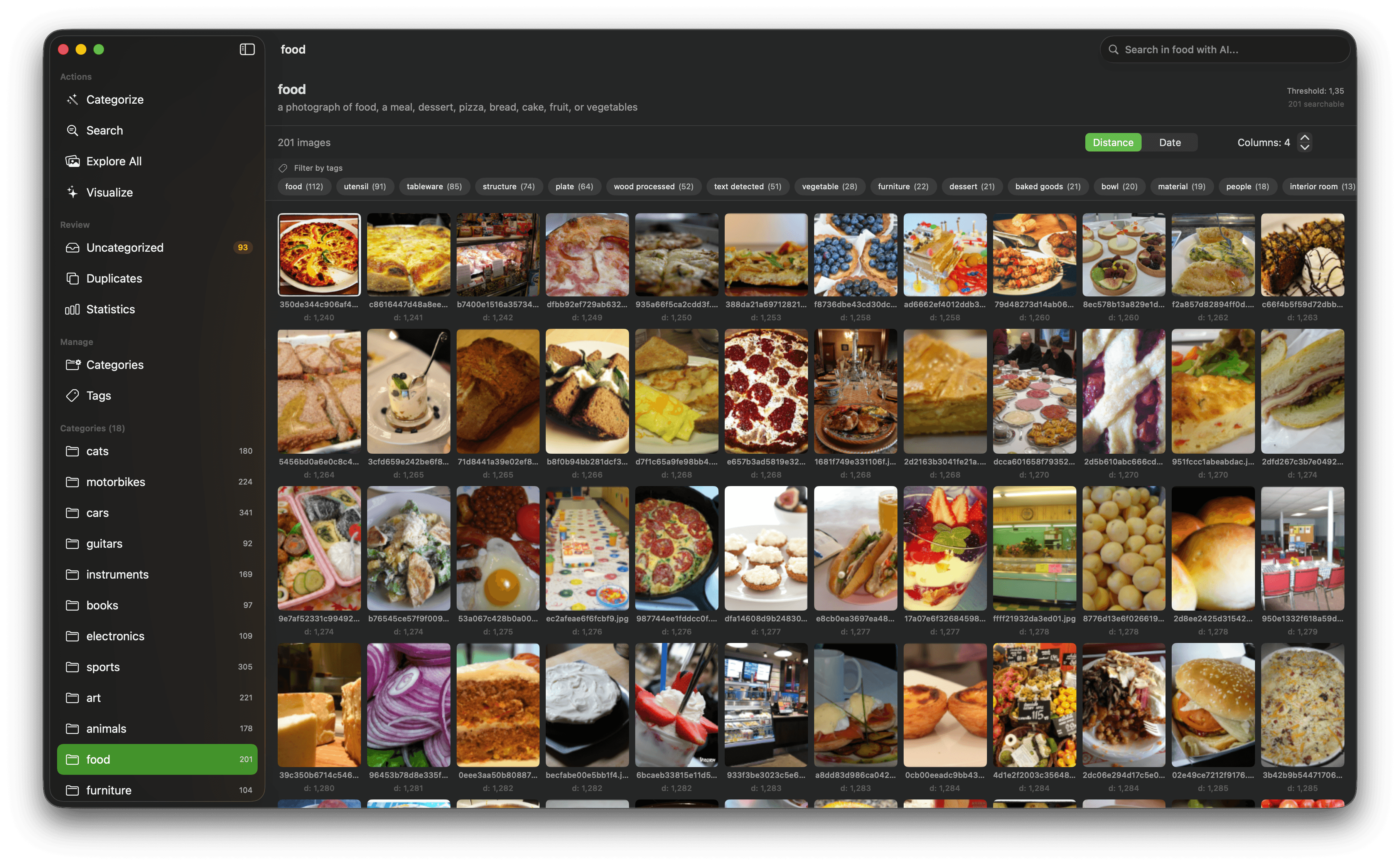 ImageSieve food category showing a grid of meals, desserts, ingredients, and restaurant photos with tag filters.
