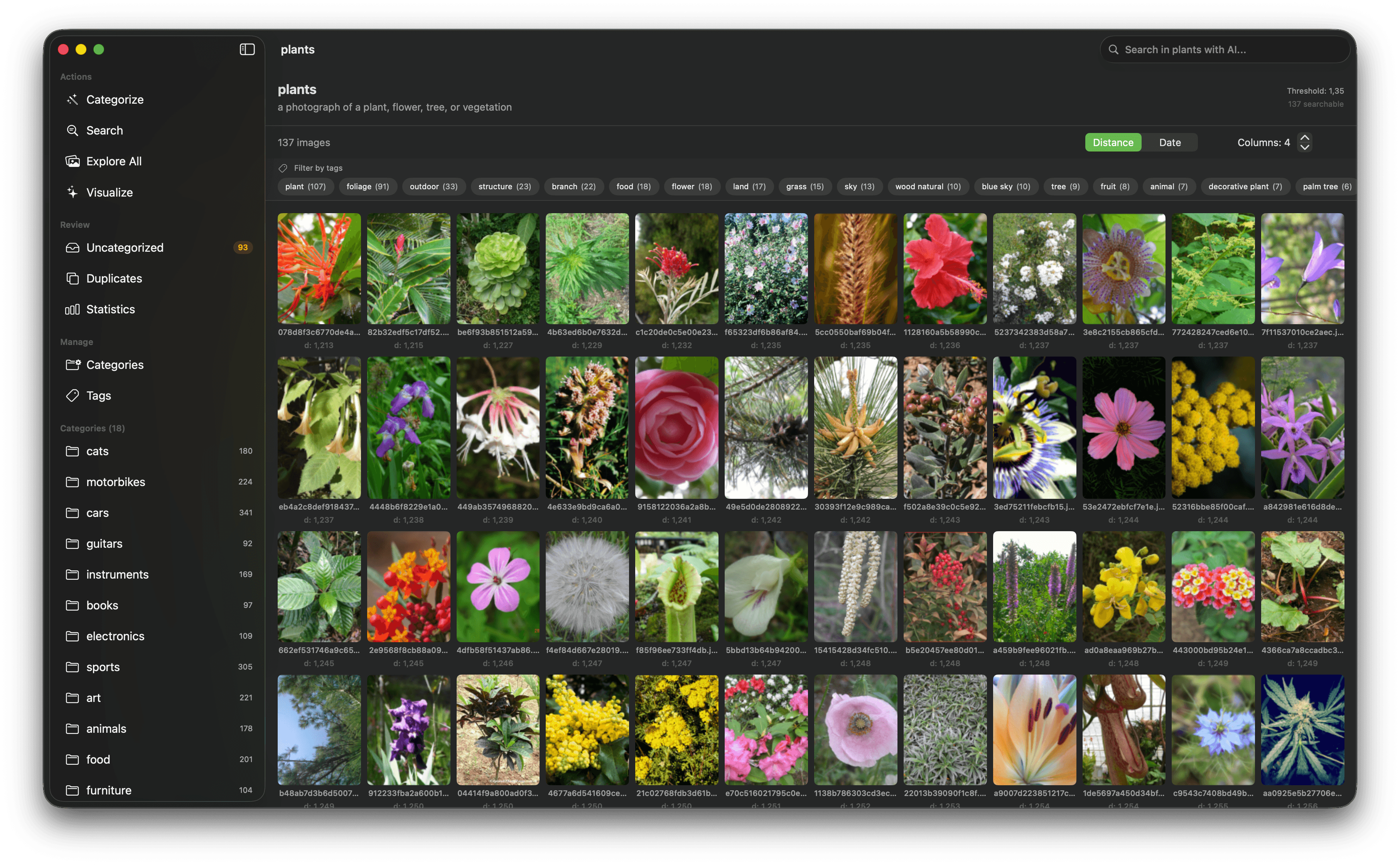 ImageSieve plants category showing a grid of flowers and foliage with AI tag filters and distance values.